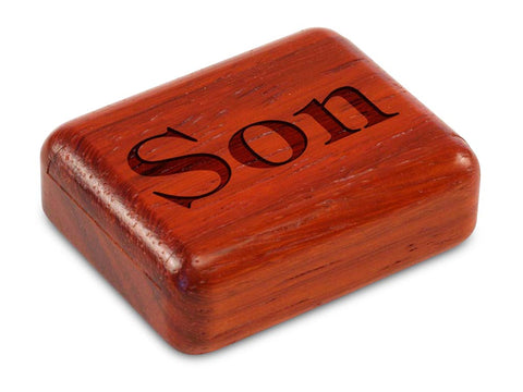 Top View of a 2" Flat Narrow Padauk with laser engraved image of Son