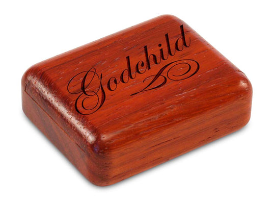 Top View of a 2" Flat Narrow Padauk with laser engraved image of Godchild