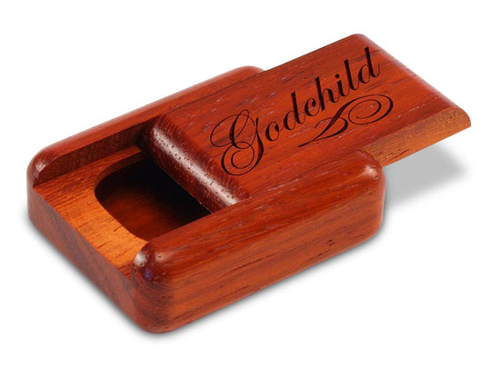 Opened View of a 2" Flat Narrow Padauk with laser engraved image of Godchild