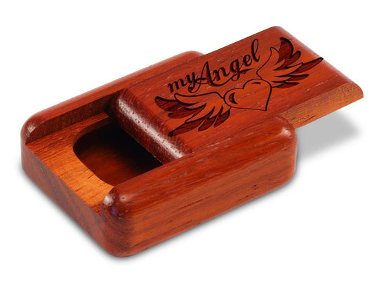 Opened View of a 2" Flat Narrow Padauk with laser engraved image of My Angel