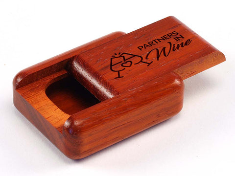 Top View of a 2" Flat Narrow Padauk with laser engraved image of Partners in Wine