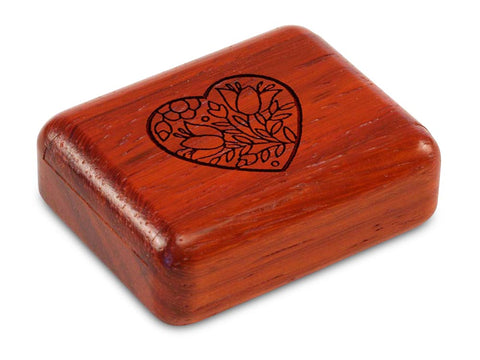Top View of a 2" Flat Narrow Padauk with laser engraved image of Floral Heart