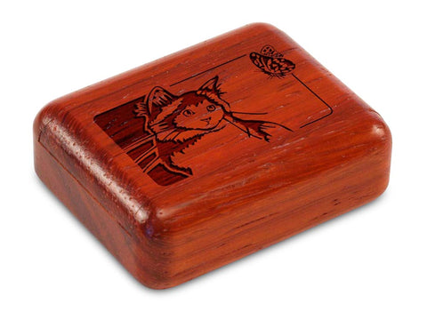 Top View of a 2" Flat Narrow Padauk with laser engraved image of Cat & Butterfly