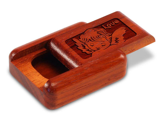 Opened View of a 2" Flat Narrow Padauk with laser engraved image of Cherub Love