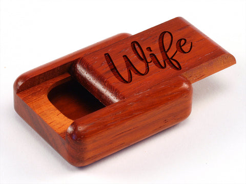 Top View of a 2" Flat Narrow Padauk with laser engraved image of Wife