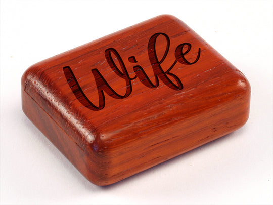 Opened View of a 2" Flat Narrow Padauk with laser engraved image of Wife