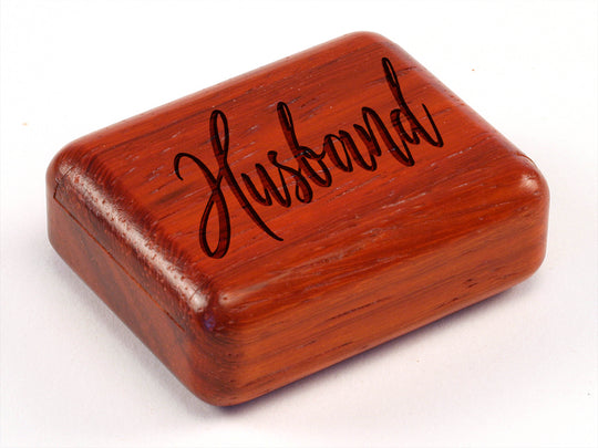 Opened View of a 2" Flat Narrow Padauk with laser engraved image of Husband