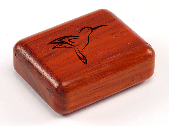 Top View of a 2" Flat Narrow Padauk with laser engraved image of Stylized Hummingbird