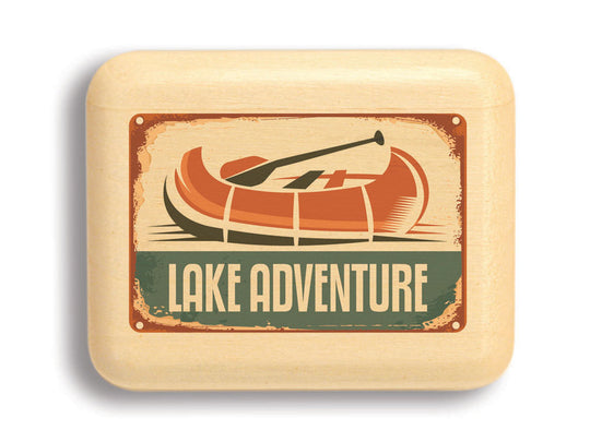 Top View of a 2" Flat Narrow Aspen with color printed image of Lake Adventure
