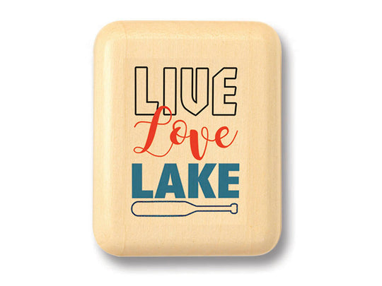 Top View of a 2" Flat Narrow Aspen with color printed image of Live Love Lake