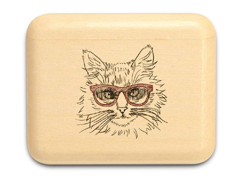 Top View of a 2" Flat Narrow Aspen with color printed image of Cat w/Red Glasses