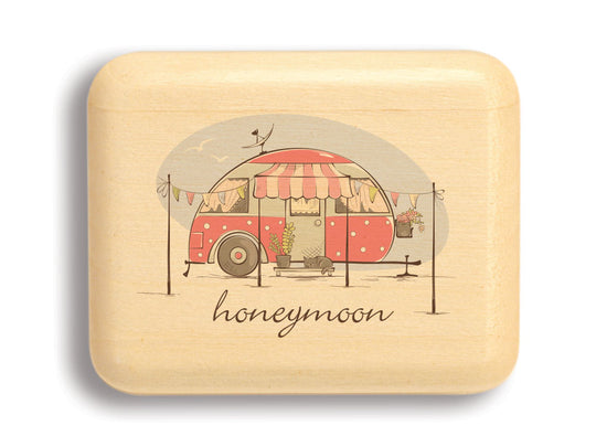 Top View of a 2" Flat Narrow Aspen with color printed image of Honeymoon Camper