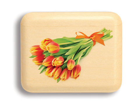 Top View of a 2" Flat Narrow Aspen with color printed image of Tulips