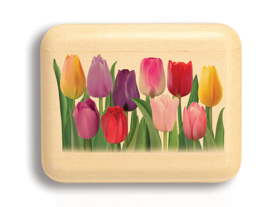 Top View of a 2" Flat Narrow Aspen with color printed image of Multicolor Tulips
