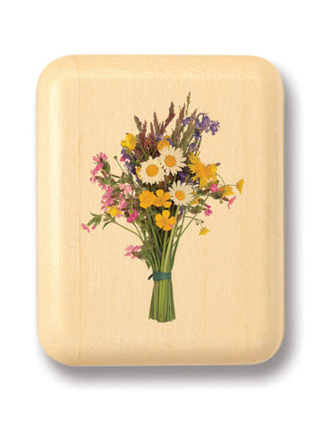 Top View of a 2" Flat Narrow Aspen with color printed image of Wildflower Bouquet