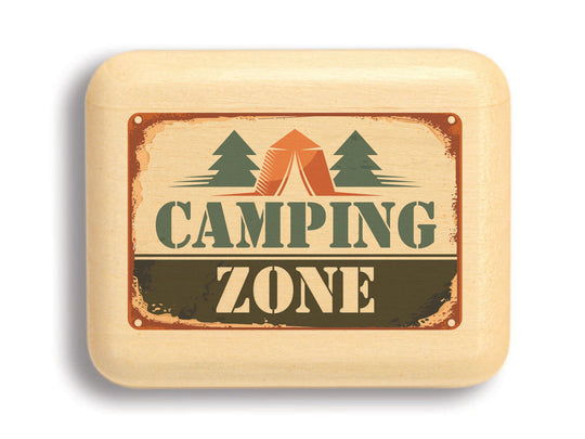 Top View of a 2" Flat Narrow Aspen with color printed image of Camping Zone