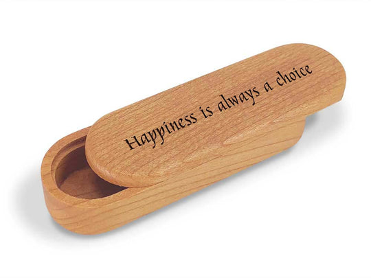 Opened View of a Snap-Lid Mantra with laser engraved image of Happiness is always a choice