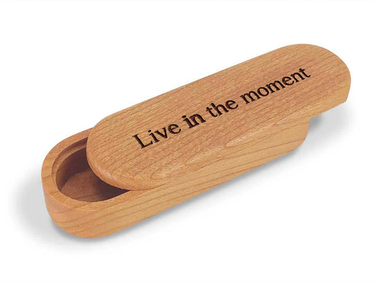 Opened View of a Snap-Lid Mantra with laser engraved image of Live in the moment