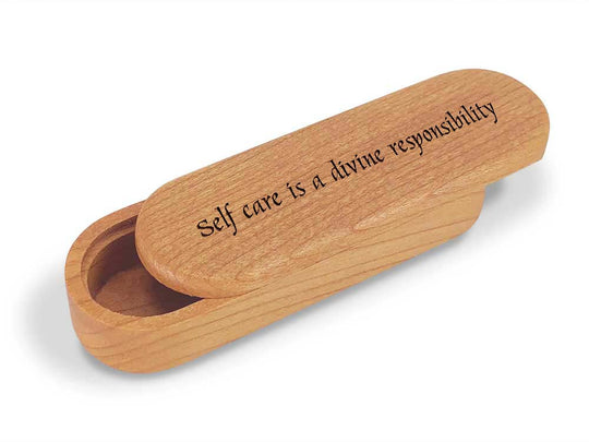 Opened View of a Snap-Lid Mantra with laser engraved image of Self care is divine