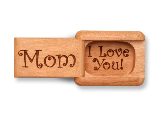 Top View of a 2" Flat Narrow Cherry with laser engraved image of Mom, I Love You!