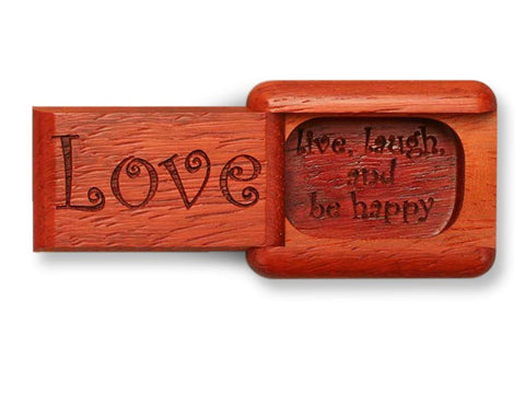 Top View of a 2" Flat Narrow Padauk with laser engraved image of Love, Live, Laugh and Be Happy