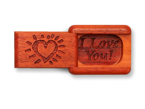 Top View of a 2" Flat Narrow Padauk with laser engraved image of I Love You!