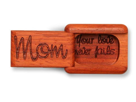 Top View of a 2" Flat Narrow Padauk with laser engraved image of Mom, Your Love Never Fails