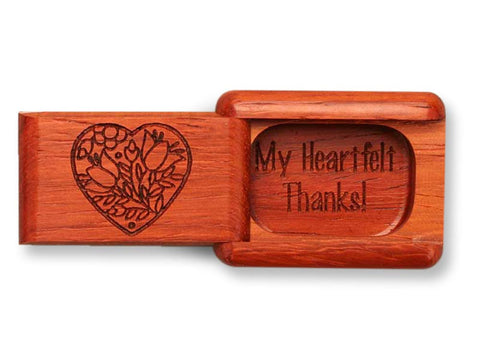Top View of a 2" Flat Narrow Padauk with laser engraved image of My Heartfelt Thanks!
