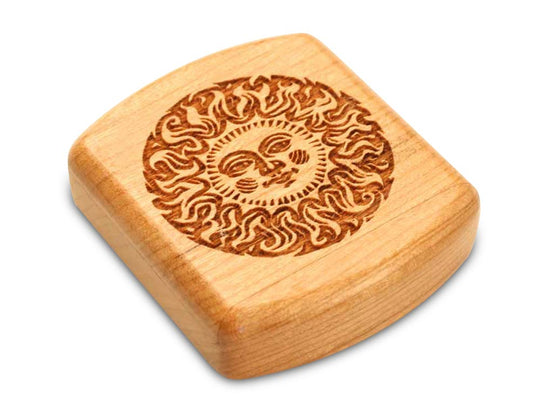 Top View of a 2" Flat Wide Cherry with laser engraved image of Smiling Sun