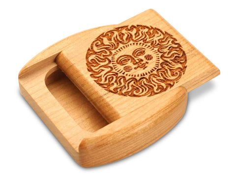 Top View of a 2" Flat Wide Cherry with laser engraved image of Smiling Sun