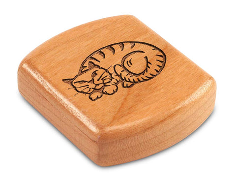 Top View of a 2" Flat Wide Cherry with laser engraved image of Folk Cat