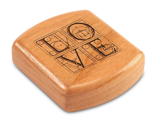 Top View of a 2" Flat Wide Cherry with laser engraved image of Da Vinci Love