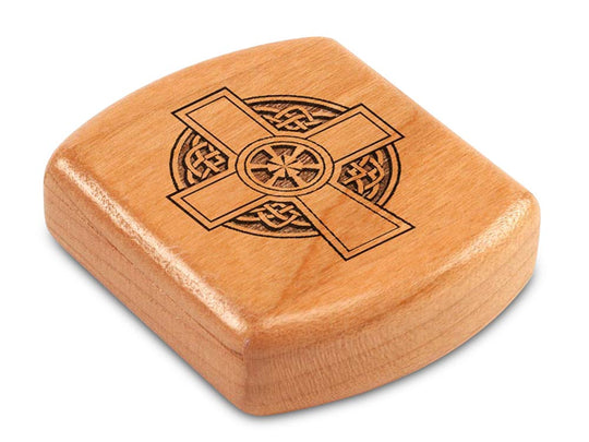 Top View of a 2" Flat Wide Cherry with laser engraved image of Celtic Cross Circle