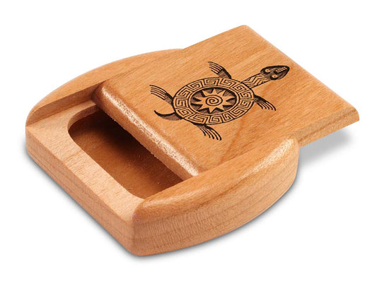 Opened View of a 2" Flat Wide Cherry with laser engraved image of Primitive Turtle
