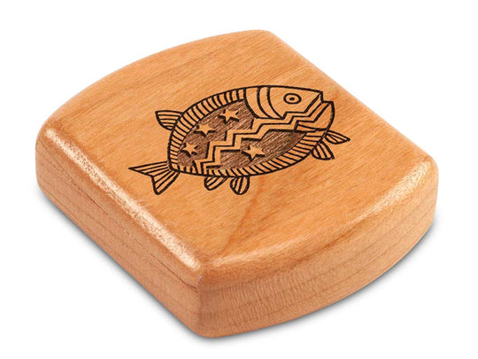 Top View of a 2" Flat Wide Cherry with laser engraved image of Primitive Fish