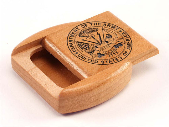 Top View of a 2" Flat Wide Cherry with laser engraved image of Army Seal