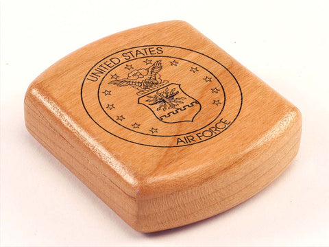 Top View of a 2" Flat Wide Cherry with laser engraved image of Air Force Seal