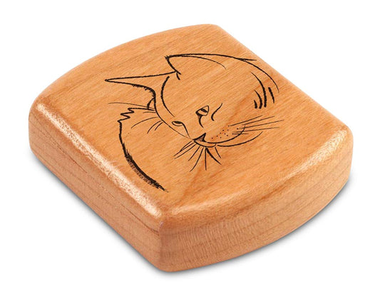 Top View of a 2" Flat Wide Cherry with laser engraved image of Yin Yang Cat