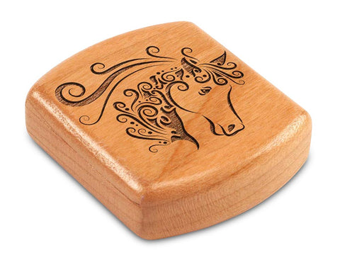 Top View of a 2" Flat Wide Cherry with laser engraved image of Fantasy Horse