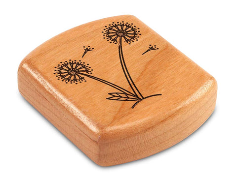 Top View of a 2" Flat Wide Cherry with laser engraved image of Dandelions