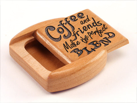 Top View of a 2" Flat Wide Cherry with laser engraved image of Coffee and Friends
