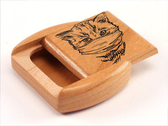 Opened View of a 2" Flat Wide Cherry with laser engraved image of Cat with Mask