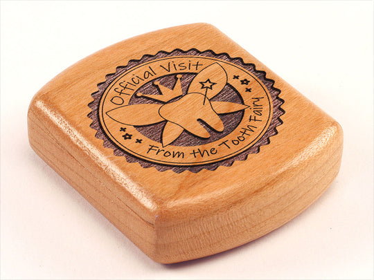 Top View of a 2" Flat Wide Cherry with laser engraved image of Official Visit/ Toothfairy