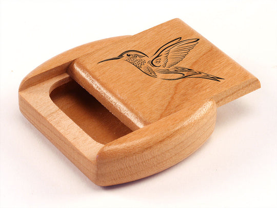 Opened View of a 2" Flat Wide Cherry with laser engraved image of Hummingbird in Flight
