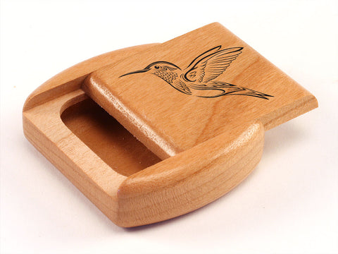 Top View of a 2" Flat Wide Cherry with laser engraved image of Hummingbird in Flight