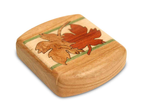 Top View of a 2" Flat Wide Cherry with marquetry pattern of Maple Leaves Marquetry of a 2" Flat Wide Cherry - Maple Leaves Marquetry