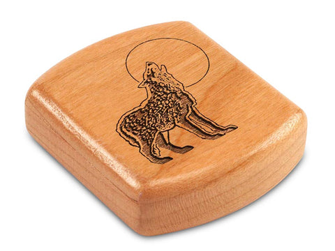 Top View of a 2" Flat Wide Cherry with laser engraved image of Howling Wolf