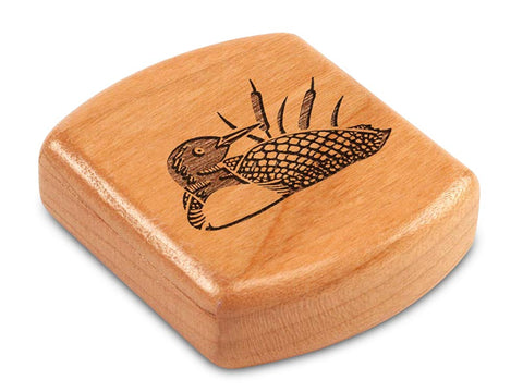 Top View of a 2" Flat Wide Cherry with laser engraved image of Loon