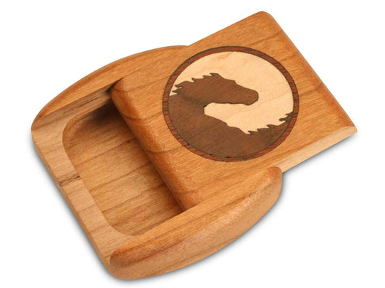 Top View of a 2" Flat Wide Cherry with marquetry pattern of Yin Yang Horse Marquetry of a 2" Flat Wide Cherry - Yin Yang Horse Marquetry