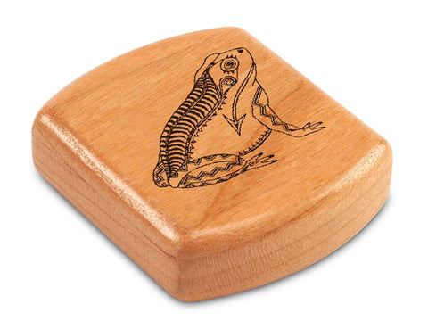 Top View of a 2" Flat Wide Cherry with laser engraved image of Heartline Frog